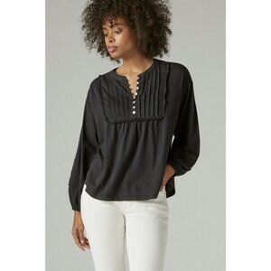 Lucky Brand Long Sleeve pintuck yoke top Color Jet Black Size S NWT